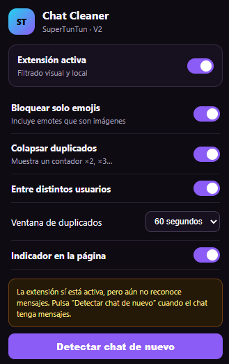 Panel de configuración de SuperTunTun Chat Cleaner